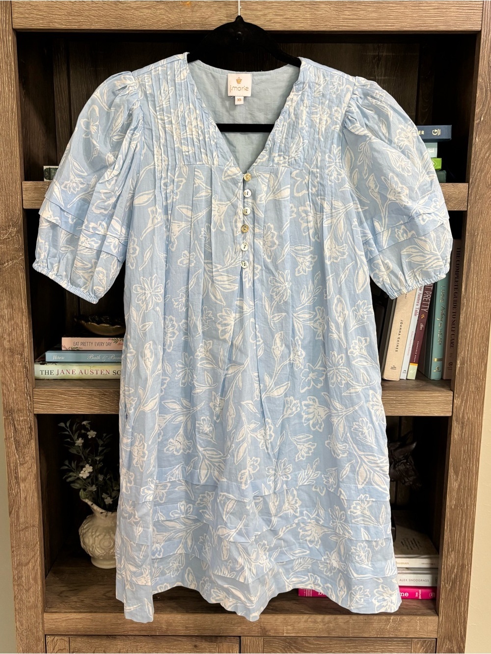J. Marie Skye Light Blue Floral Puff Sleeve Tunic Dress, Size XS